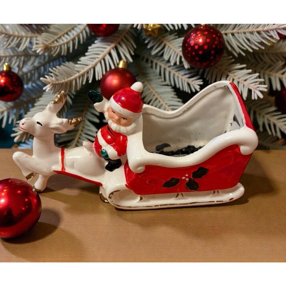 VINTAGE BRINN Santa In Sleigh & Reindeer Ceramic Planter 3318